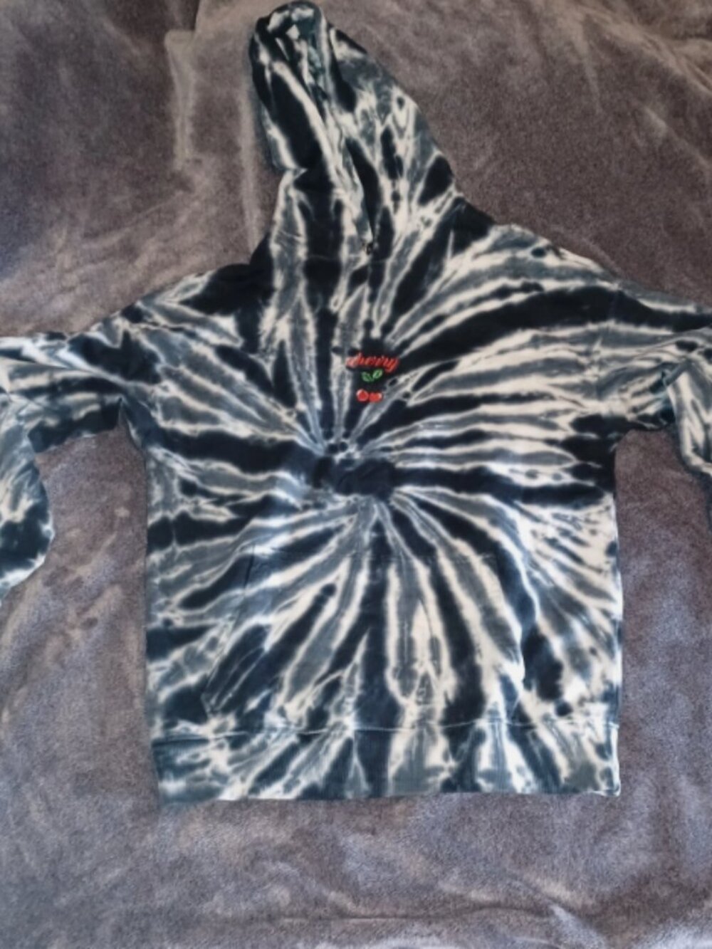 Black White Tie Dye Hoodie Size Small Cherry Embroidery Kangaroo Pocket Unisex